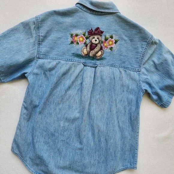 Vintage Denim Shirt Teddy Bear Floral Short Sleeve Spring Summer Cute Teddy Core - Picture 7 of 13